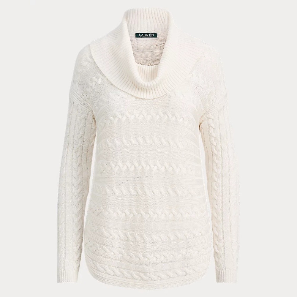 Lauren Ralph Lauren Cream Cable Knit Cotton Blend Funnel Neck Sweater Size 1X